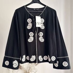 ZARA EMBROIDERED COTTON BLOUSE BLACK TIES